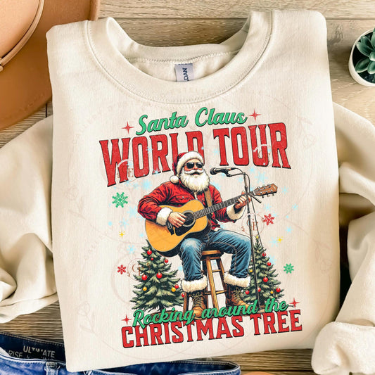 Santa Claus World Tour Country PNG, Retro Christmas Cowboy Playing Guitar Graphic, Trendy Western Holiday Rocker Shirt Design