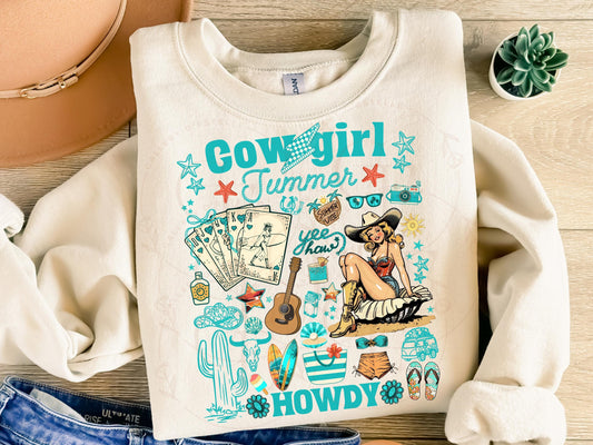 Cowgirl Summer Country PNG, Retro Western Coastal Girl Collage, Trendy Mermaid Summer Shirt Design