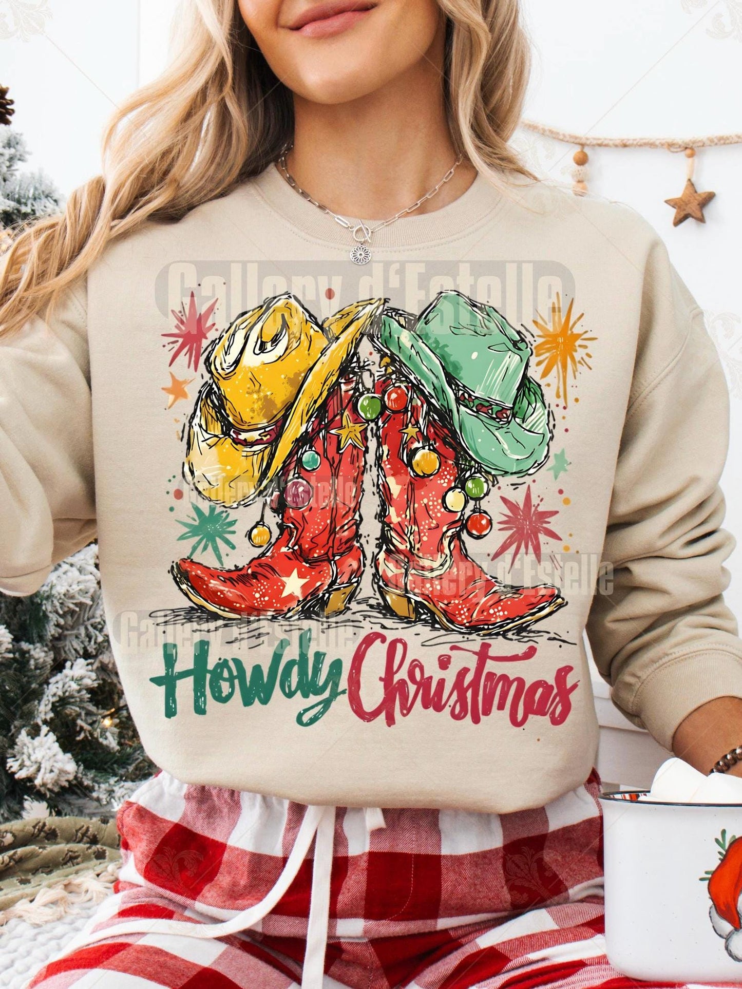 Western Howdy Boots PNG, Festive Cowboy Christmas Graphic, Coquette Cowgirl Holiday Shirt Design