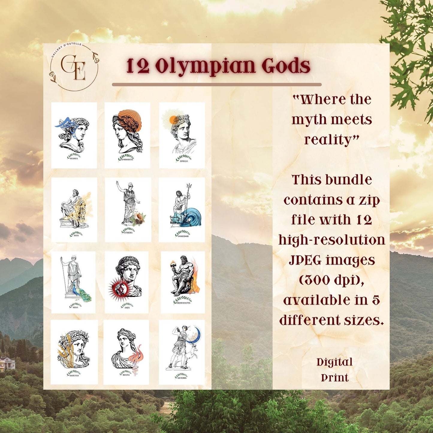 12 Olympian Gods Wall Art Set, Greek Mythology Aesthetic, Hellenic Home Decor, Greece Digital Print