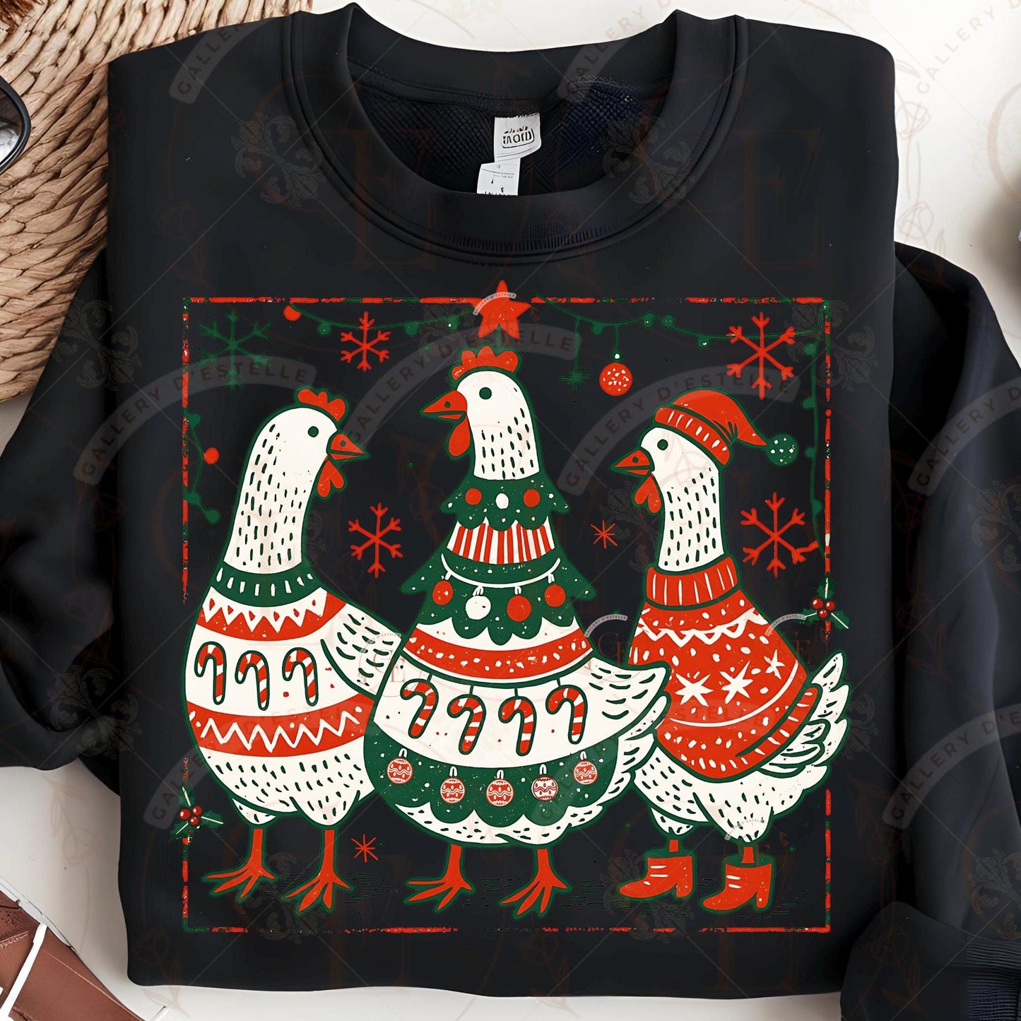 Boho Christmas Chickens PNG, Retro Festive Chicken Graphic, Vintage Farmhouse Holiday Sublimation, Coquette Chick Shirt Design