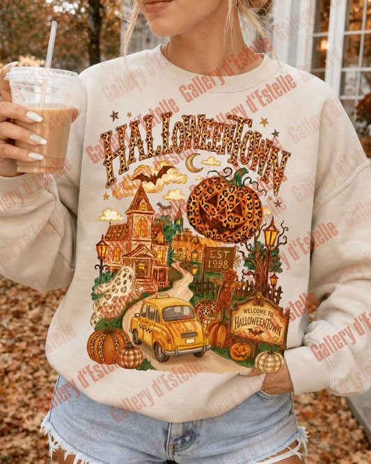 Leopard Halloweentown PNG, Retro Fall Pumpkin Village Graphic, Coquette Halloween Shirt Design