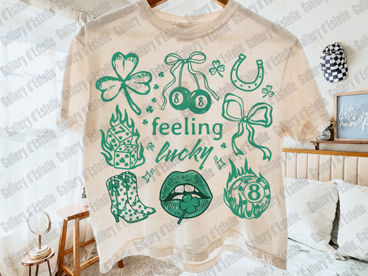 Feeling Lucky PNG, Retro Lucky Western Collage, Shamrock Dice 8 Ball Graphic, Trendy St Patrick’s Day Shirt Design