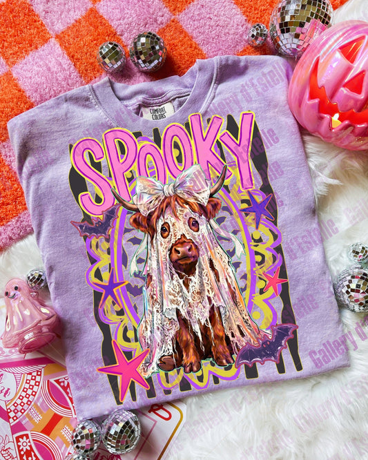 Preppy Spooky Highland Cow PNG, Retro Funny Ghost Graphic, Trendy Halloween Shirt Design