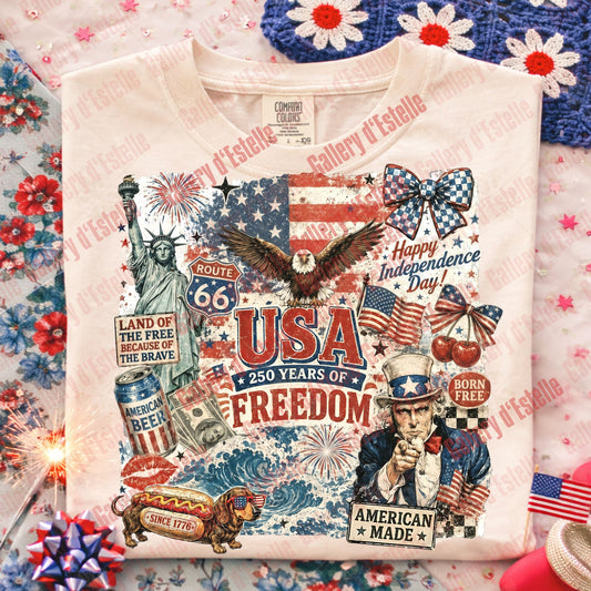 USA Collage PNG, Retro 4th of July Graphic, 250 Years of Freedom, Trendy Patriotic Shirt Design