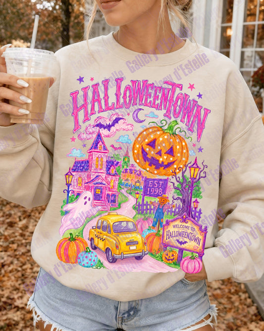 Pink Halloweentown PNG, Retro Spooky Pumpkin Village Graphic, Coquette Halloween Shirt Design
