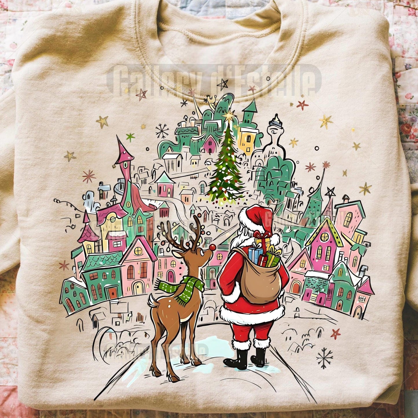 Retro Santa Town PNG, Coquette Christmas Reindeer Graphic, Nostalgic Holiday Sublimation, Festive Shirt Design