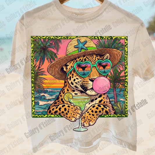 Leopard Summer PNG, Retro Coastal Cheetah Margarita Graphic, Trendy Tropical Beach Shirt Design