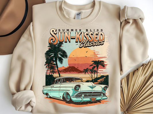 Sun-Kissed Classics PNG, Retro Vintage Race Car Graphic, Trendy Sunset Beach Coastal Shirt Design