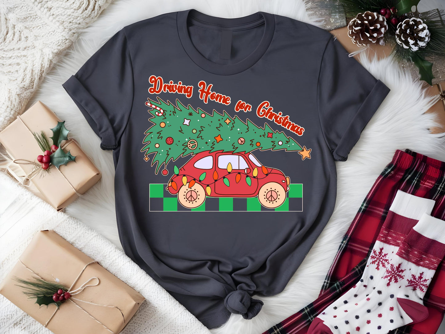Driving Home for Christmas PNG, Retro Christmas Tree Car Drive Graphic, Cute Holiday Shirt Design