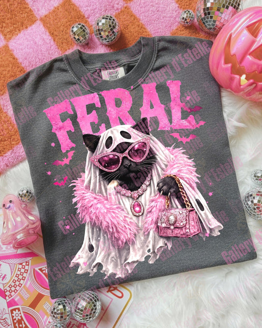 Feral Spooky Cat PNG, Retro Glam Ghost Graphic, Coquette Halloween Shirt Design