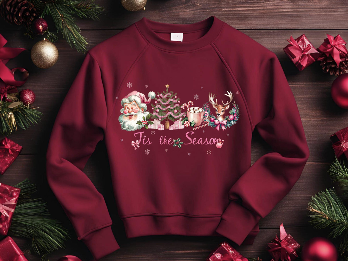 Tis the Season Christmas PNG, Retro Pink Holiday Graphic, Cute Santa and Reindeer Design, Coquette Festive Shirt Sublimation