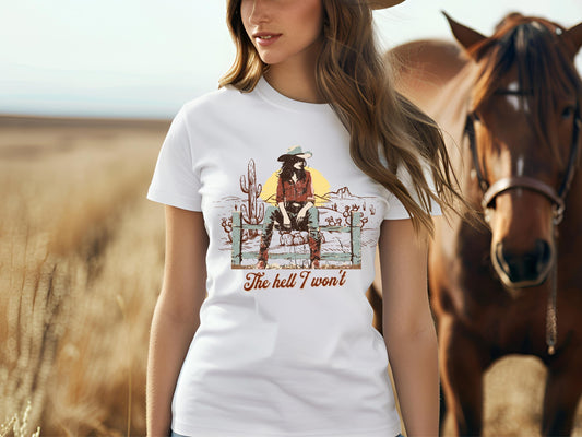 The Hell I Won't Country PNG, Rustic Western Cowgirl Style Graphic, Trendy Retro Cowgirl Rodeo Shirt Design