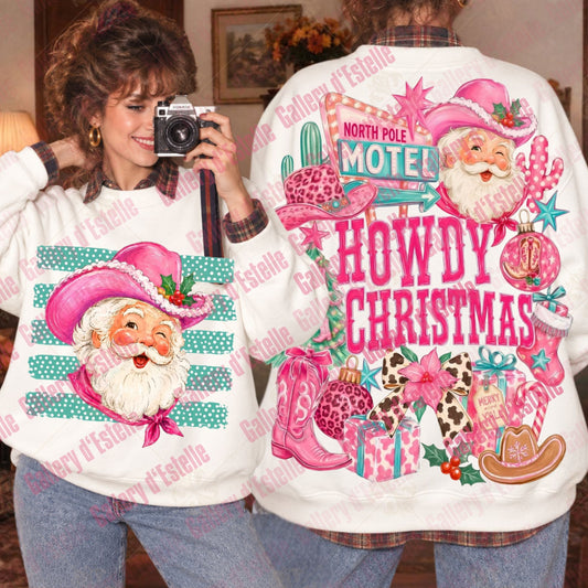 A person modeling a white Christmas-themed sweatshirt, shown from both the front and back. The front features a pink cowboy hat Santa graphic with teal stripes, and the back has a large graphic reading 'HOWDY CHRISTMAS' with pink, teal, leopard print, and cowboy motifs.