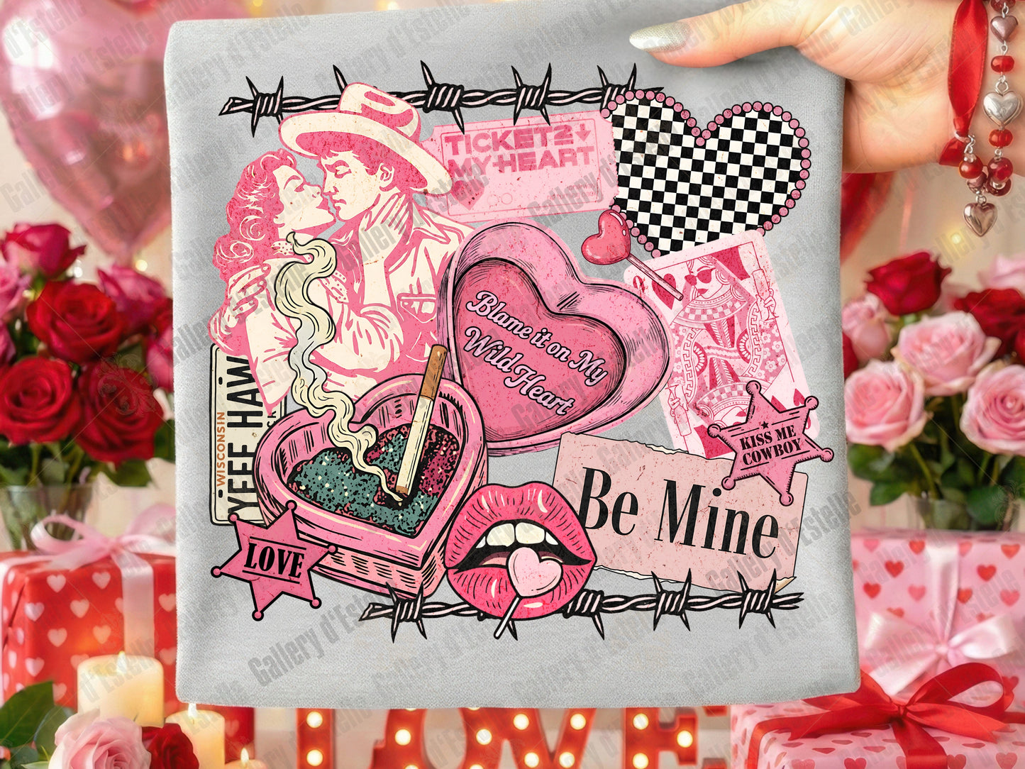 Cowboy Valentine Collage PNG, Retro Western Love Graphic, Wild West Romance Art, Coquette Be Mine Shirt Design
