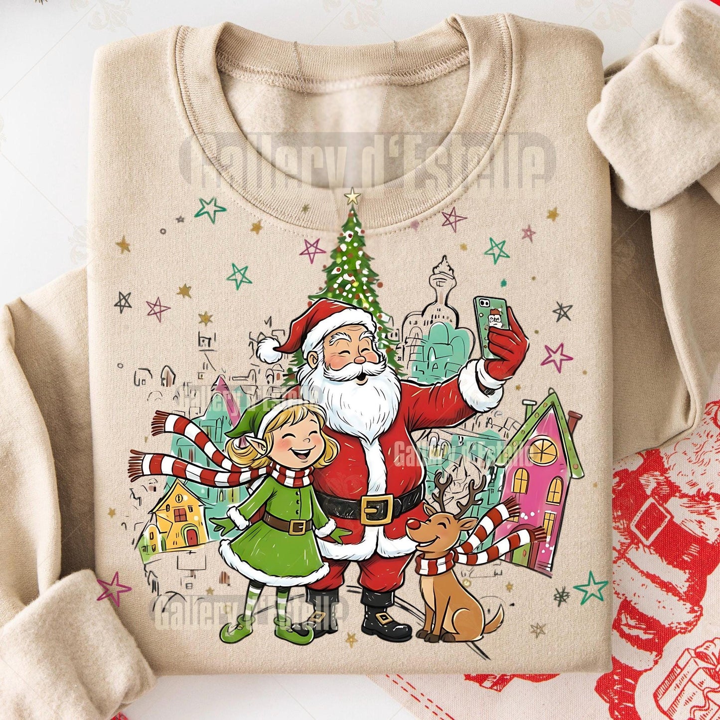 Retro Christmas Town PNG, Whimsical Santa and Elf Graphic, Preppy Holiday Scene Design, Festive Shirt Sublimation
