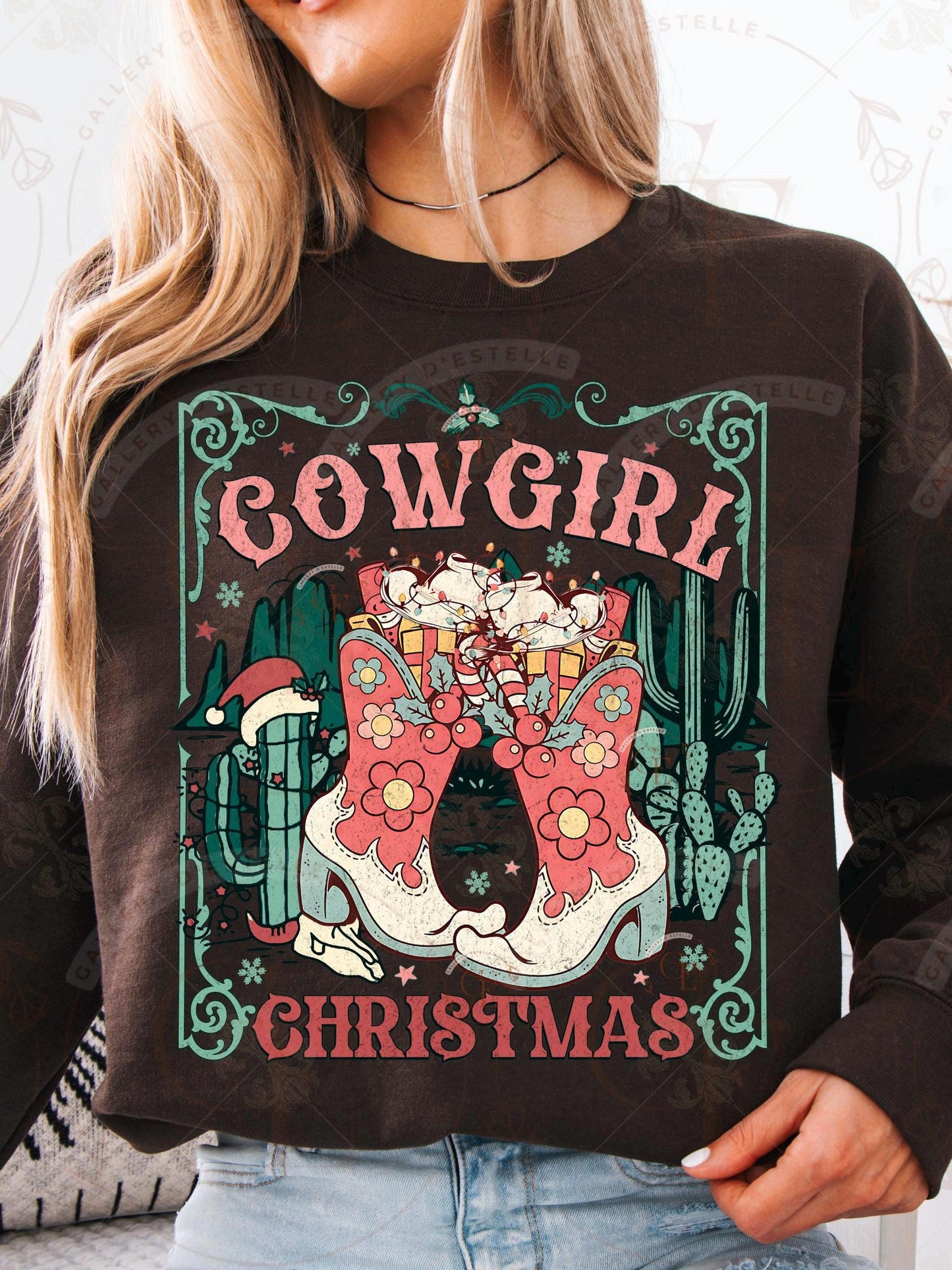 Coquette Cowgirl Christmas PNG, Retro Western Boots Holiday Graphic, Festive Country Shirt Sublimation Design