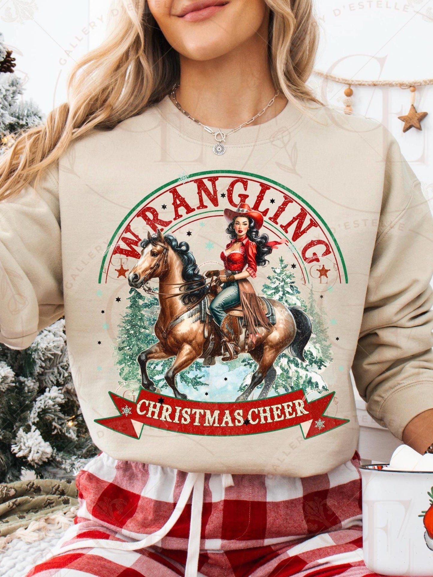 Wrangling Christmas Cheer PNG, Retro Cowgirl Holiday Graphic, Festive Westerm Rodeo Sublimation, Trendy Country Shirt Design