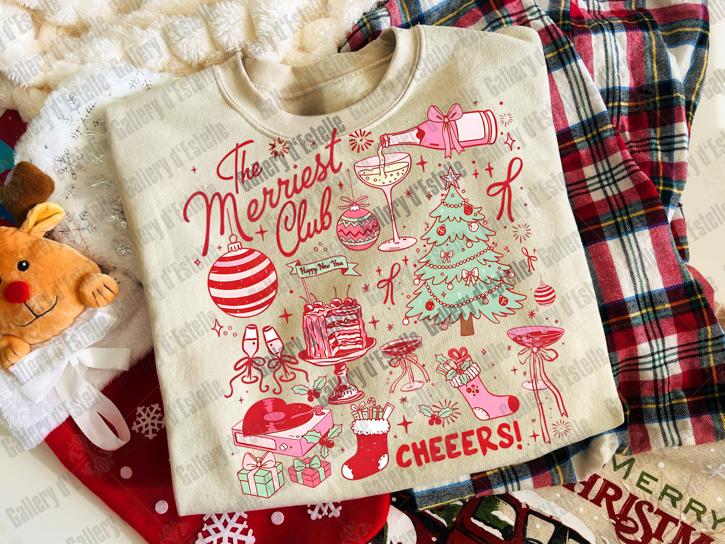 Beige t-shirt with Christmas-themed graphics and text on a festive background