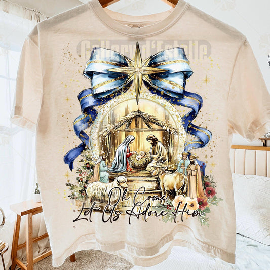 Coquette Nativity Scene PNG, Let Us Adore Him Christian Graphic, Glitter Christmas Sublimation, Cute Holiday Shirt Design