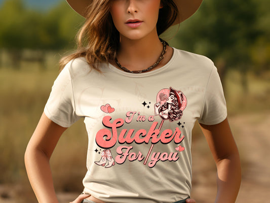 I'm a Sucker for You Western PNG, Sassy Cowgirl Lollipop Graphic, Retro Valentine Art, Trendy Country Shirt Design