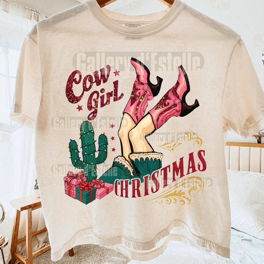 Preppy Cowgirl Christmas PNG, Retro Western Boots Holiday Graphic, Festive Country Shirt Design