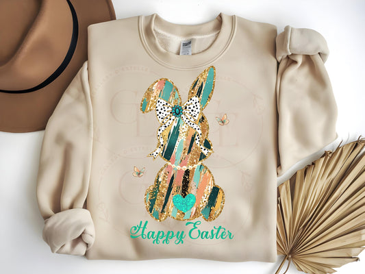Coquette Glitter Bunny PNG, Dalmatian Gold Brushstroke Bow Graphic, Trendy Happy Easter Country Shirt Design