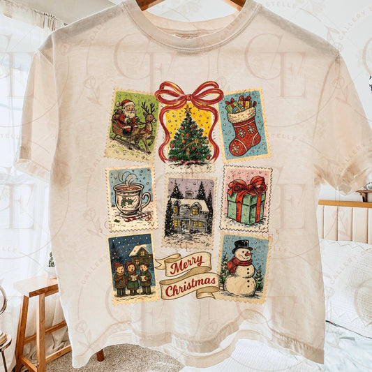 Vintage Christmas Stamp PNG, Retro Holiday Postage Collage, Cute Festive Winter Graphic, Trendy Christmas Shirt Design