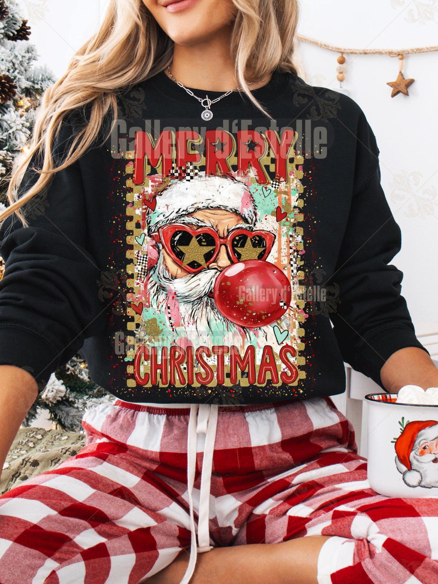 Preppy Merry Christmas PNG, Retro Glitter Santa Bubble Design, Coquette Holiday Graphic, Trendy Christmas Shirt Sublimation
