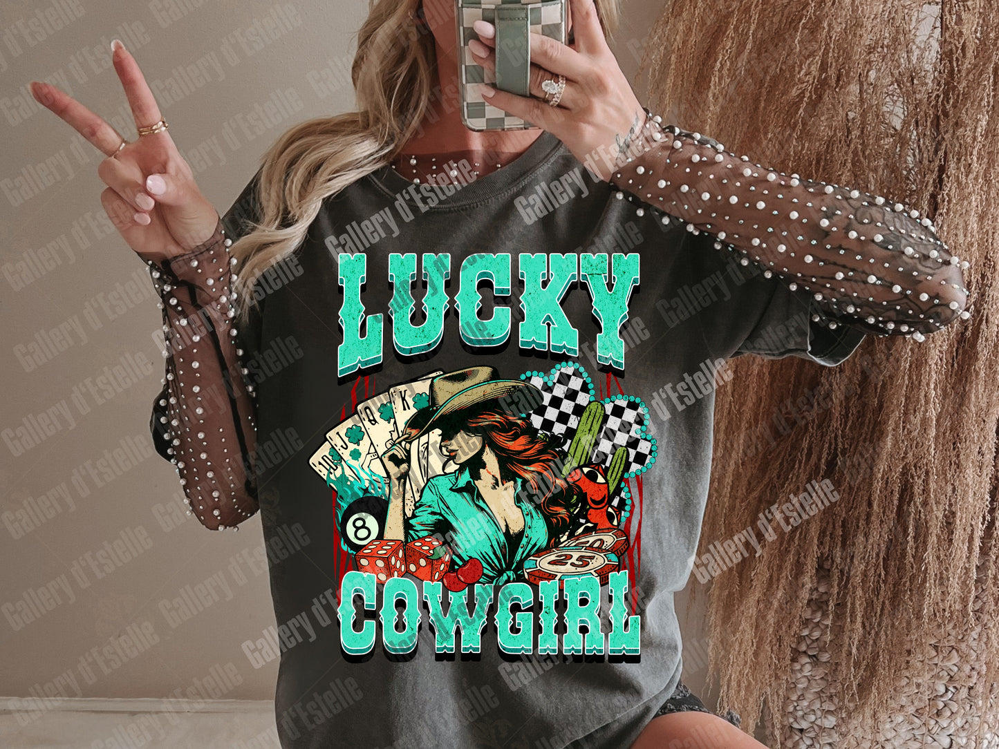 Lucky Cowgirl PNG, Retro Western Casino Aesthetic, Checkered Shamrock Graphic, Wild West Country Shirt Design