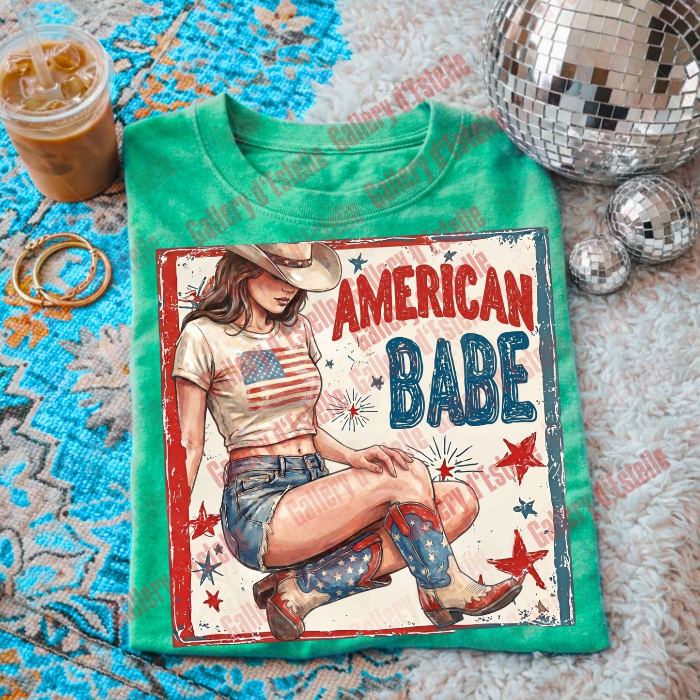 American Babe PNG, Retro Patriotic Cowgirl Graphic, Trendy 4th of July Shirt Design, Vintage USA Western Art