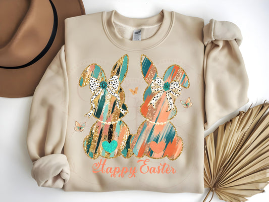 Coquette Glitter Bunnies PNG, Gold Coral Brushstroke Art, Cowgirl Easter Graphic, Trendy Country Shirt Design