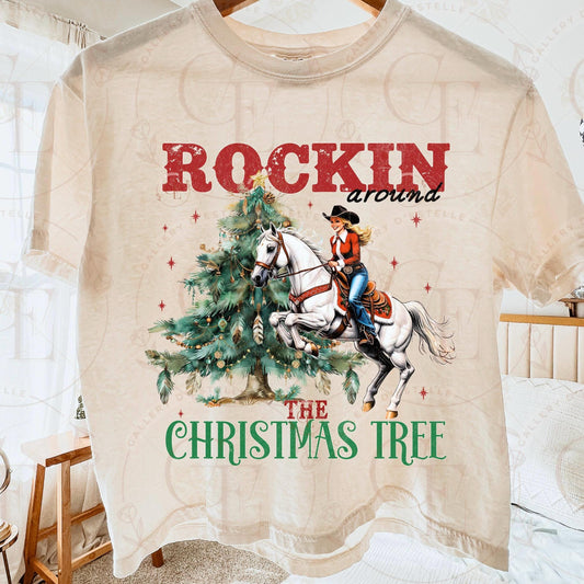 Rockin Around the Christmas Tree PNG, Retro Western Cowgirl Graphic, Festive Rodeo Design, Trendy Holiday Shirt Sublimation