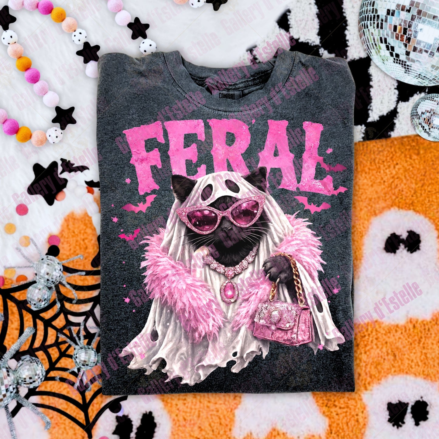 Feral Spooky Cat PNG, Retro Glam Ghost Graphic, Coquette Halloween Shirt Design