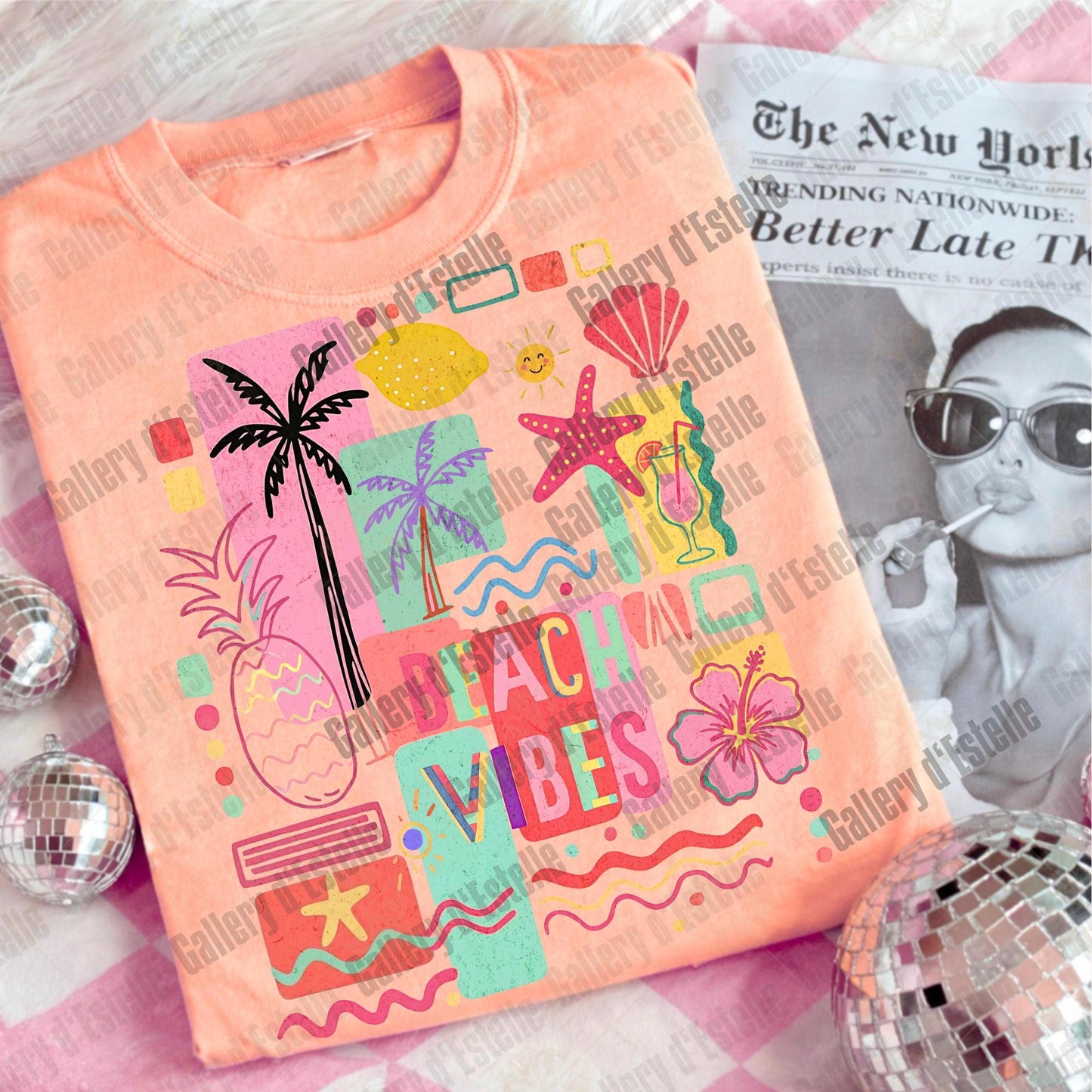 Beach Vibes PNG, Retro Coastal Collage Graphic, Trendy Summer Shirt Design