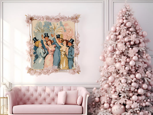 Vintage New Year's Eve Art Set, Nostalgic Retro Christmas Art Collection for Holiday Decor