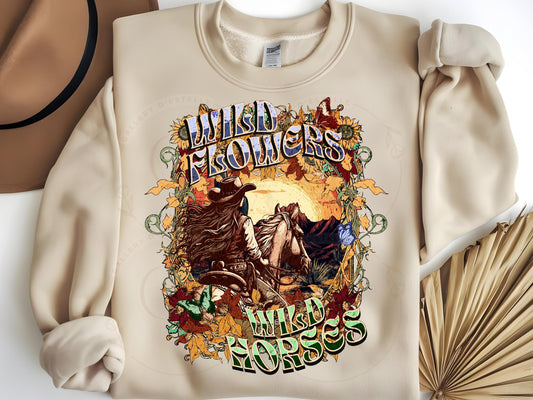 Wild Flowers Wild Horses PNG, Boho Floral Vintage Western Art, Retro Cowgirl Rodeo Graphic, Trendy Country Shirt Design