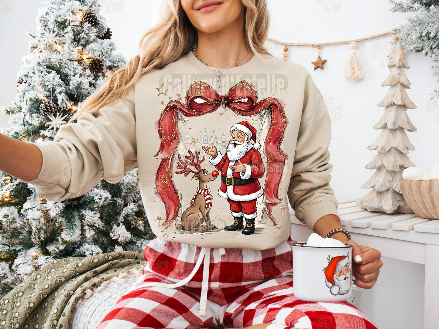 Coquette Santa and Reindeer PNG, Nostalgic Retro Christmas Town Graphic, Whimsical Holiday Sublimation, Festive Shirt Design