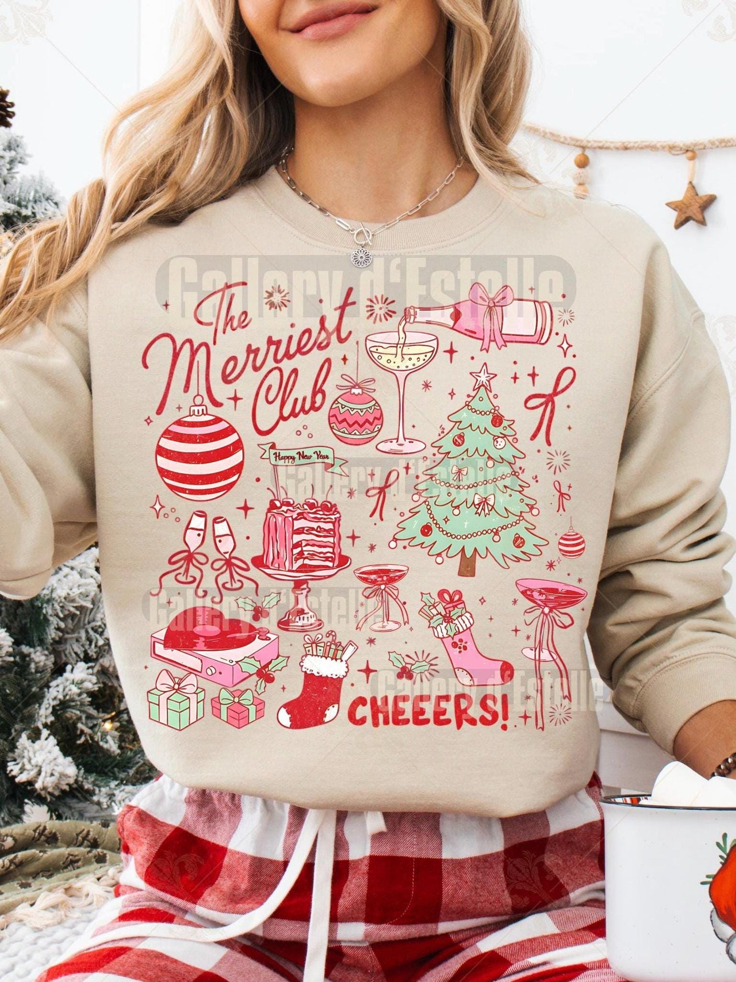 Coquette Merriest Club PNG, Cute Christmas Collage Graphic, Retro Holiday Party Design, Trendy Festive Shirt Design