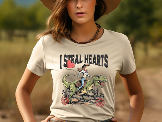 I Steal Hearts Western PNG, Retro Cowgirl Riding Dinosaur Rodeo Graphic, Cute Valentine Country Shirt Design