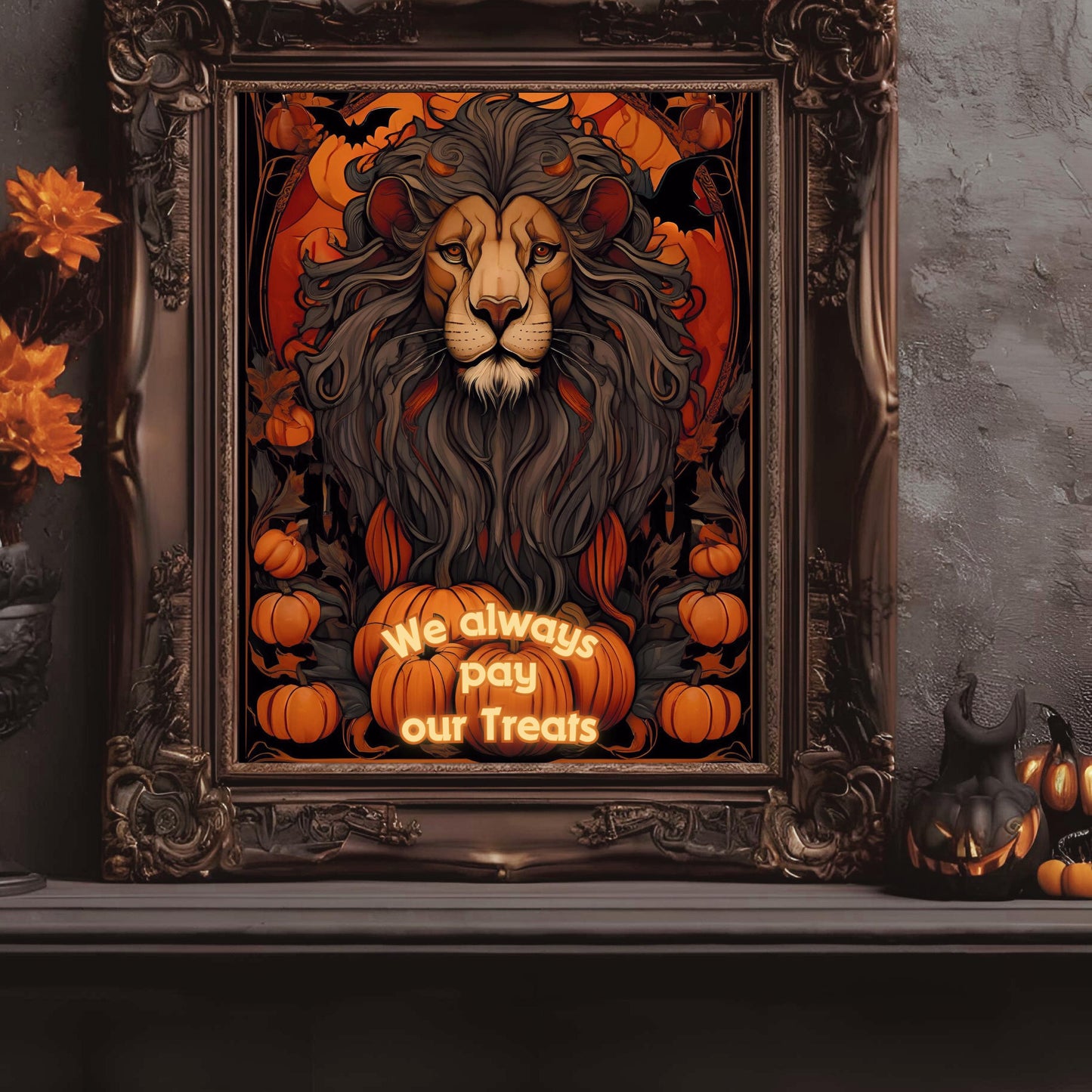 Halloween Lions Wall Art Bundle, "House Trickster" Spooky Decor and Art Nouveau Decoration for Halloween