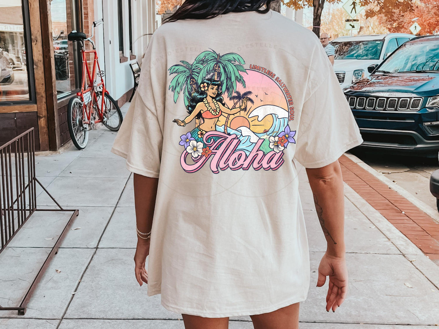 Aloha Summer PNG, Retro Hawaiian Coastal Hula Girl, Tropical Summer Beach Shirt Design
