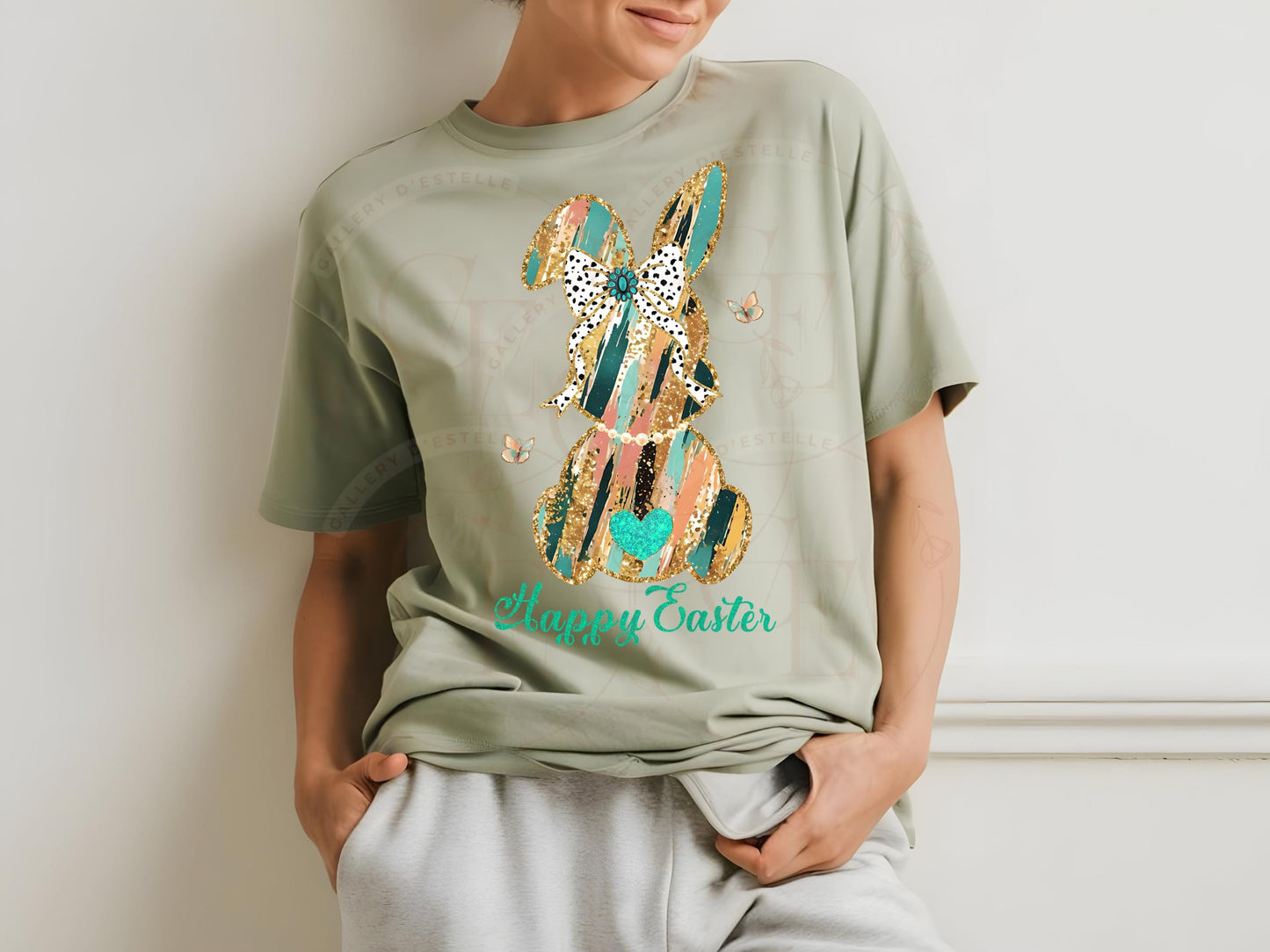 Coquette Glitter Bunny PNG, Dalmatian Gold Brushstroke Bow Graphic, Trendy Happy Easter Country Shirt Design