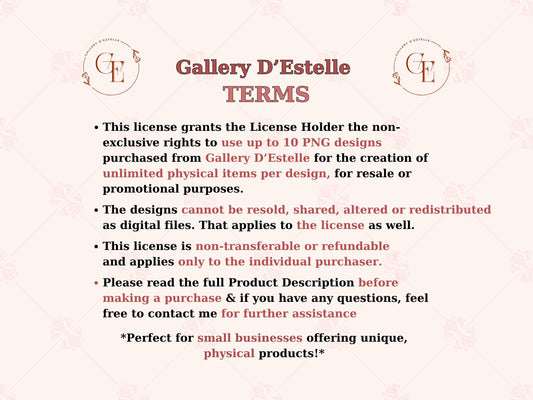 Terms and conditions document for Gallery D'Estelle on a light pink background