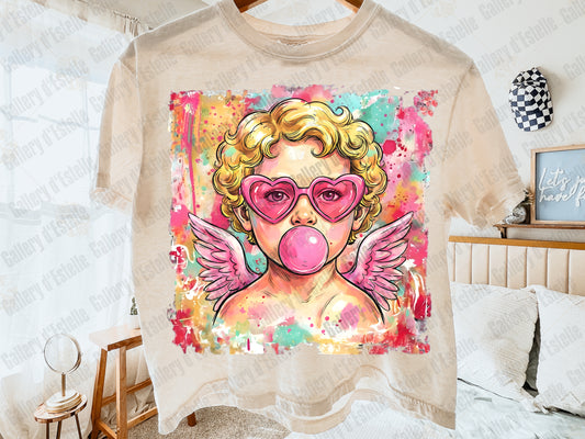 Preppy Cupid Valentine PNG, Colorful Watercolor Angel Graphic, Retro Bubblegum Art, Trendy Love Shirt Design