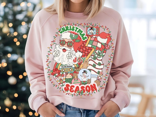 Retro Christmas Season PNG, Groovy Vintage Holiday Elements Collage, Festive Santa Shirt Design