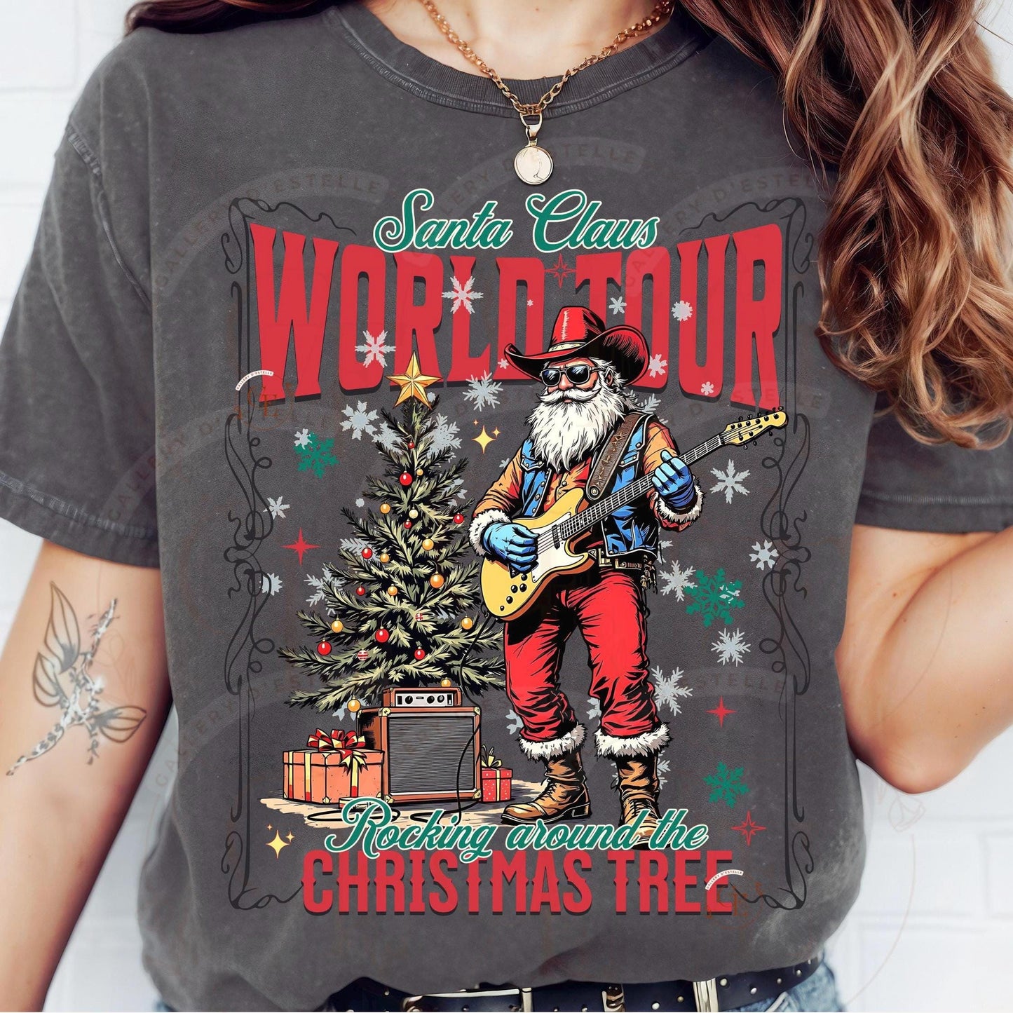 Santa Claus World Tour Western PNG, Retro Christmas Cowboy Rocker Graphic, Trendy Holiday Country Shirt Design