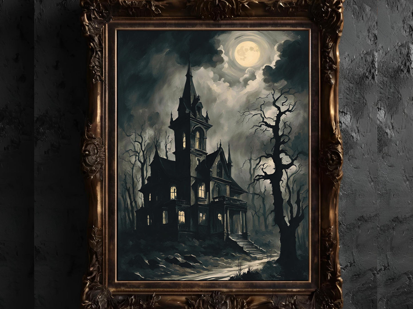 Haunted Castle Art, Victorian Gothic Wall Decor for Halloween, Spooky Edgy Dark Aesthetic Castle