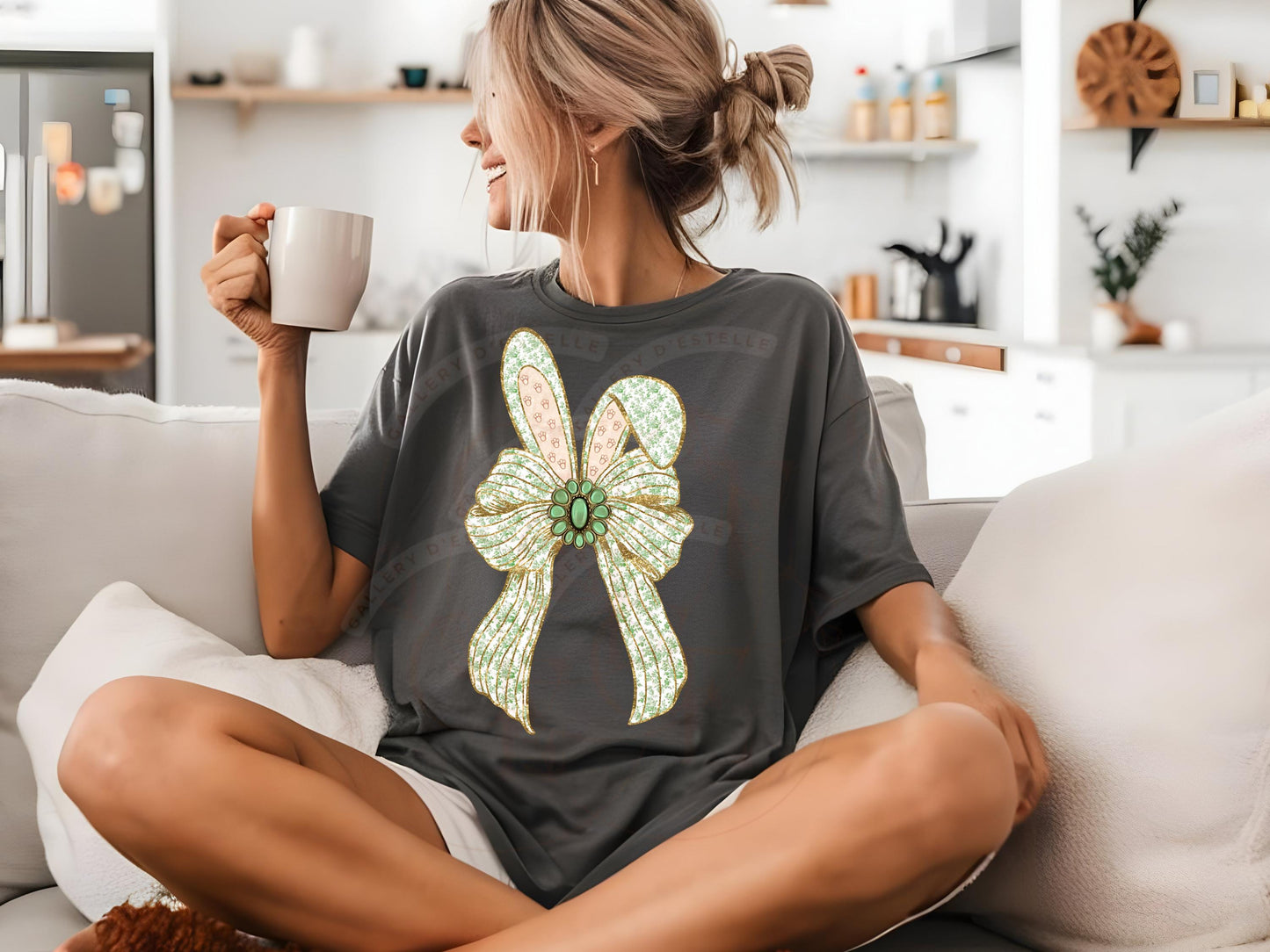 Coquette Easter Bunny Bow PNG, Green French Toile Glitter Graphic, Country Chic Shirt Design