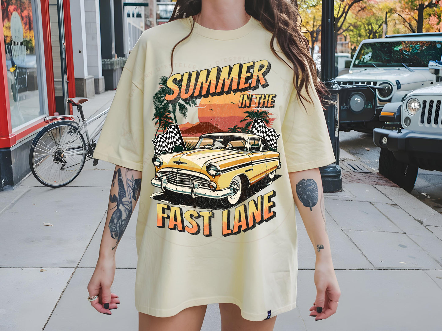 Summer in the Fast Lane PNG, Retro Vintage Race Car Graphic, Trendy Checkered Motor Club Shirt Design